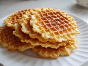 A close-up stack of freshly made, golden brown pizzelle cookies with a delicate waffle pattern on a white plate.