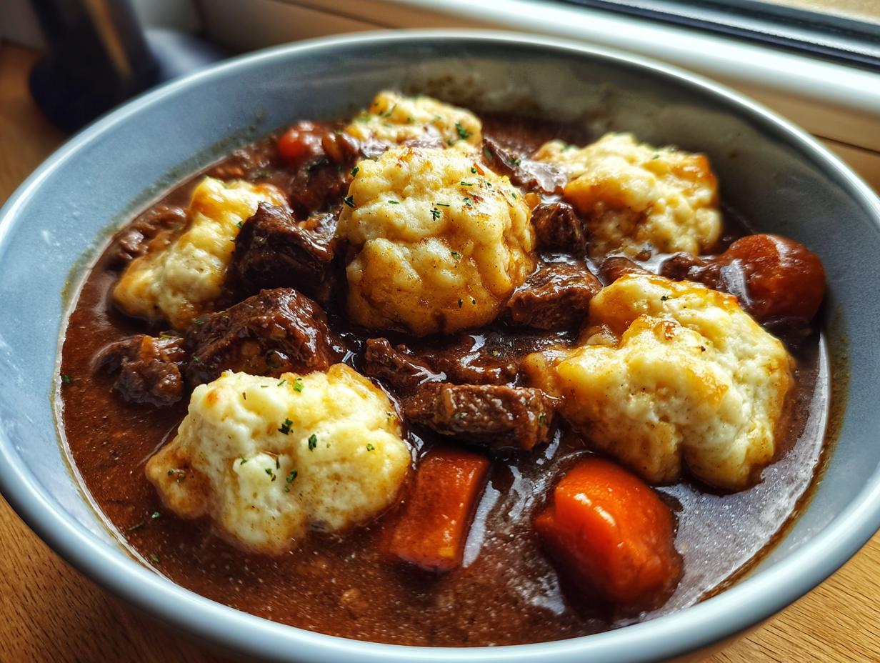 Close-up of a hearty bowl of ground beef and dumplings stew with carrots in a rich brown gravy.