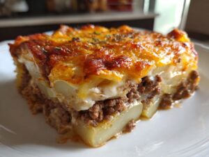 Close-up of a hearty slice of hamburger potato casserole with layers of ground meat and potatoes, topped with melted, browned cheese.
