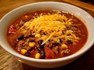 Close-up of a steaming bowl of rich cowboy soup filled with ground beef, black beans, corn, and topped with shredded cheddar cheese.