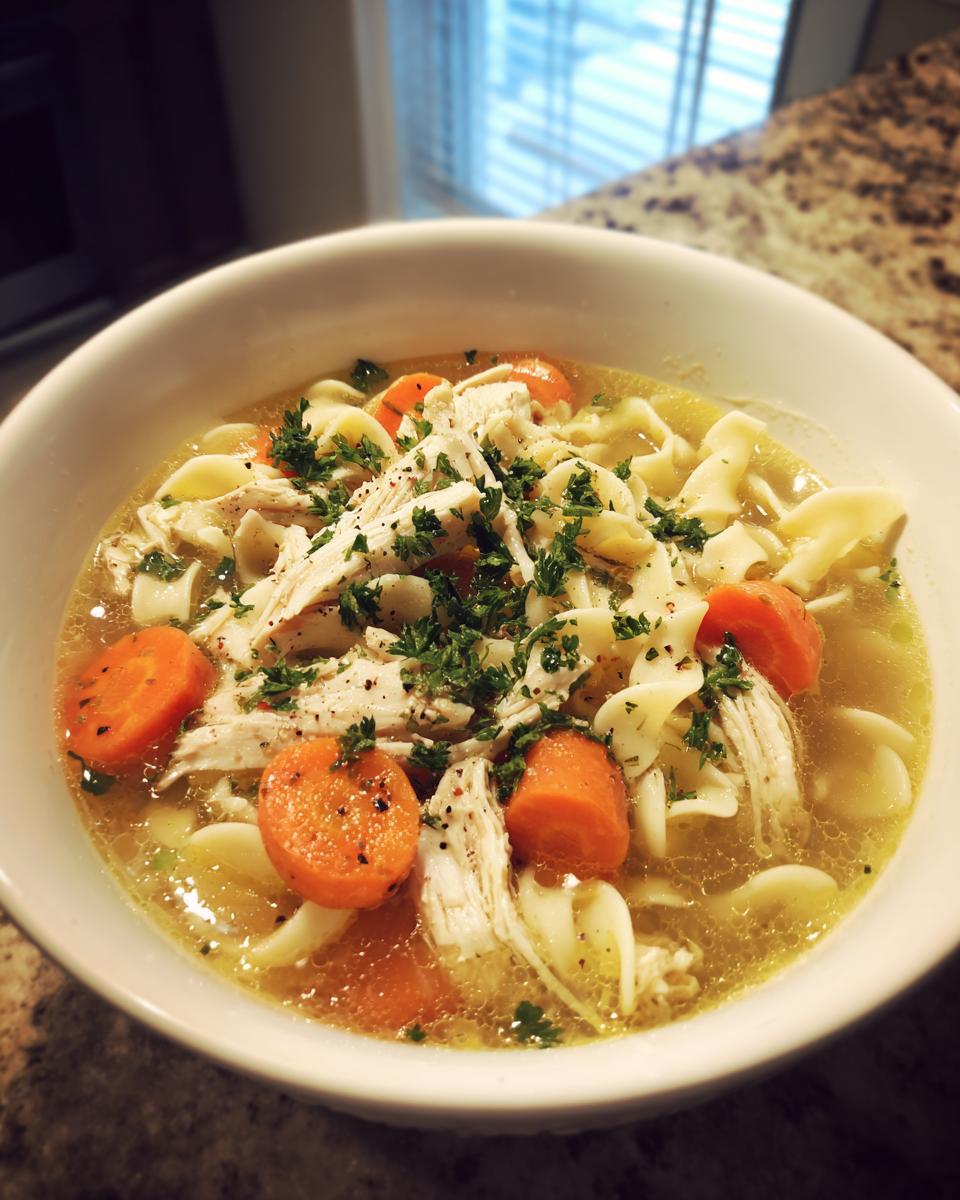 Close-up of a white bowl filled with hot turkey noodle soup, featuring shredded turkey, egg noodles, and sliced carrots, topped with parsley.