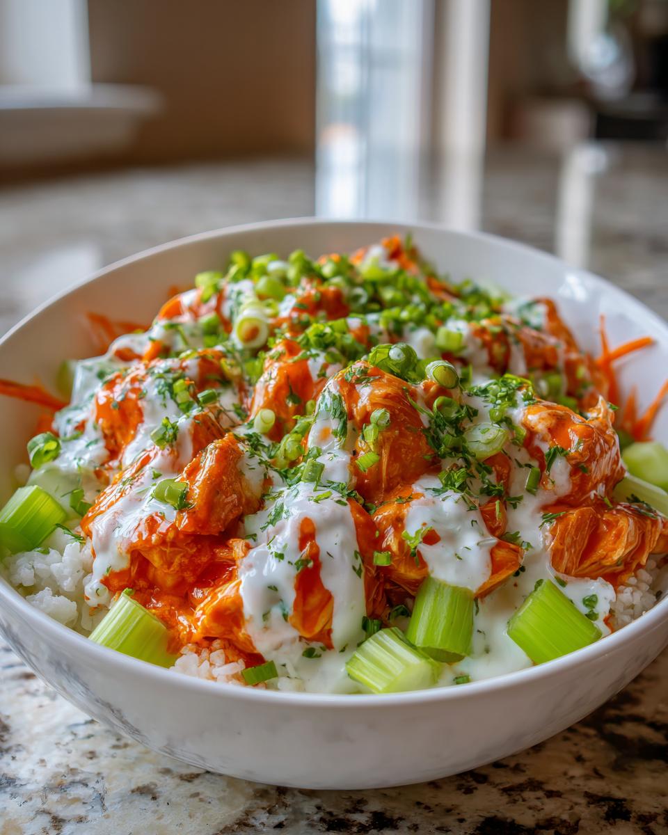 Close-up of a vibrant buffalo chicken bowl featuring orange sauced chicken, white rice, celery sticks, and ranch dressing.