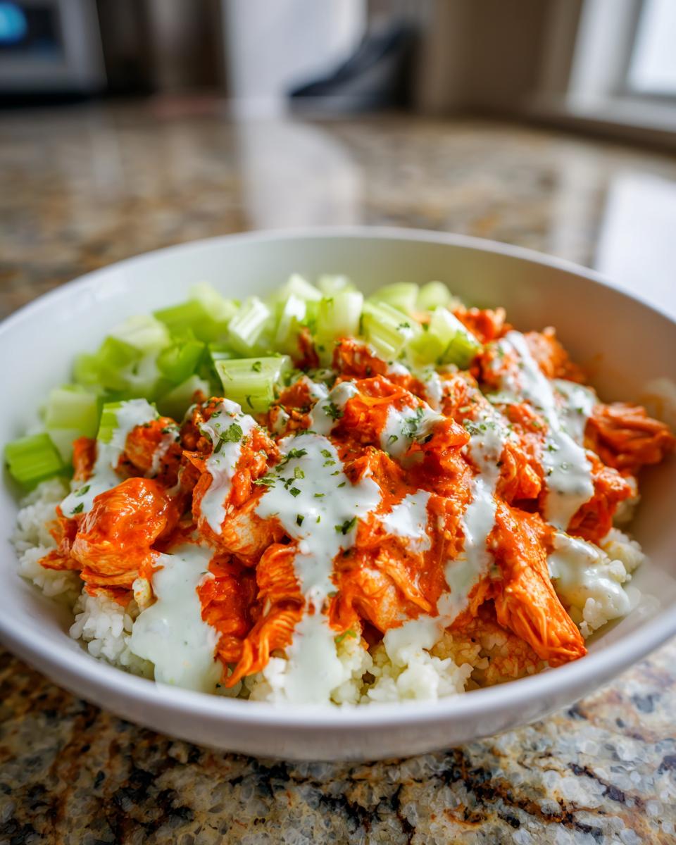 Close-up of a delicious buffalo chicken bowl featuring shredded chicken tossed in orange buffalo sauce over rice, drizzled with ranch, and topped with celery.