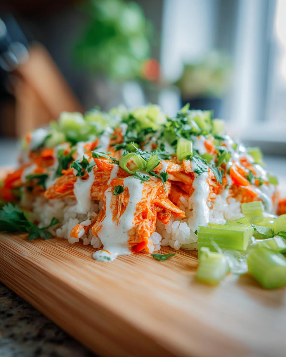 A close-up of a high-protein buffalo chicken bowl featuring shredded orange buffalo chicken over white rice, drizzled with ranch dressing and topped with celery and green onions.