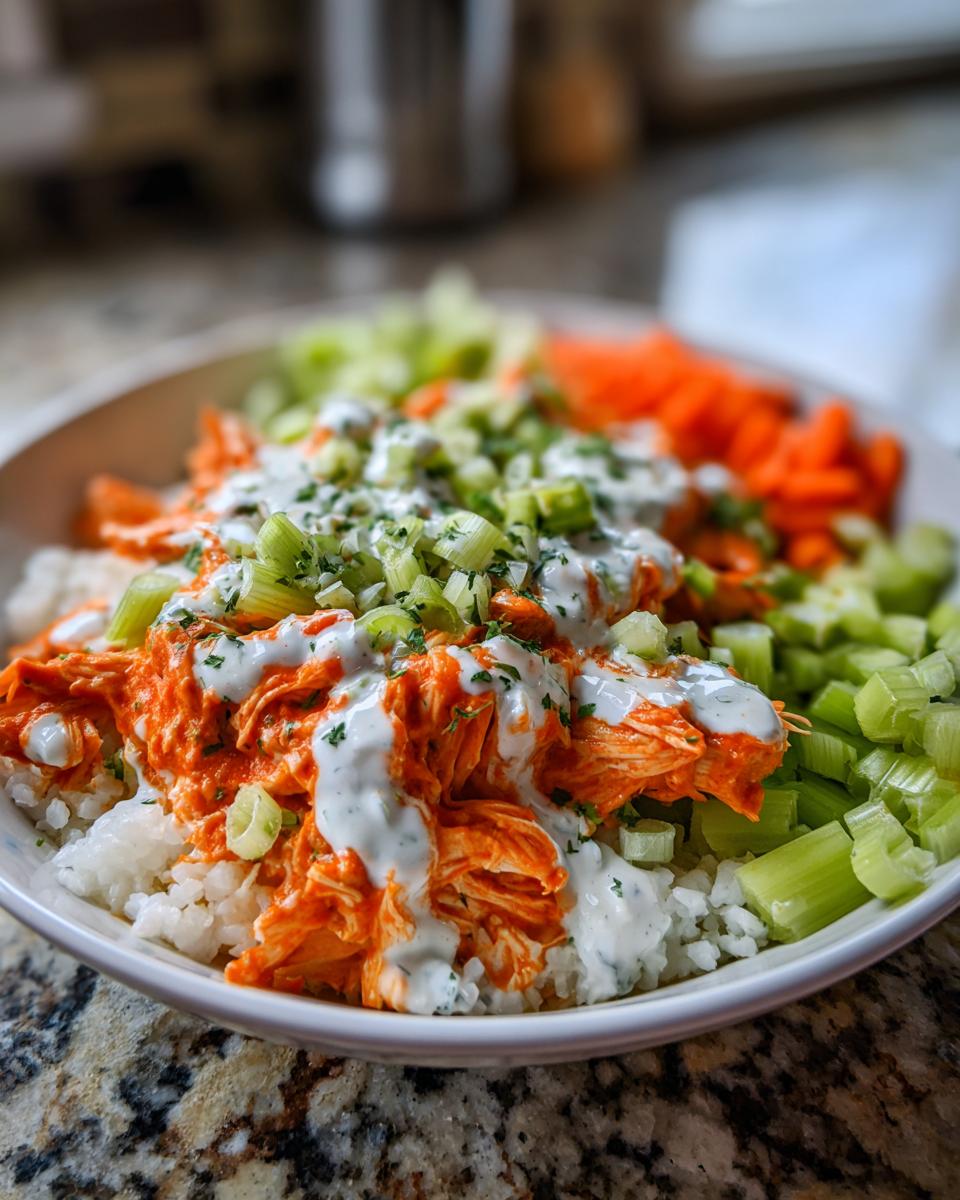 A vibrant buffalo chicken bowl featuring shredded orange buffalo chicken over white rice, drizzled with ranch dressing and topped with chopped celery.