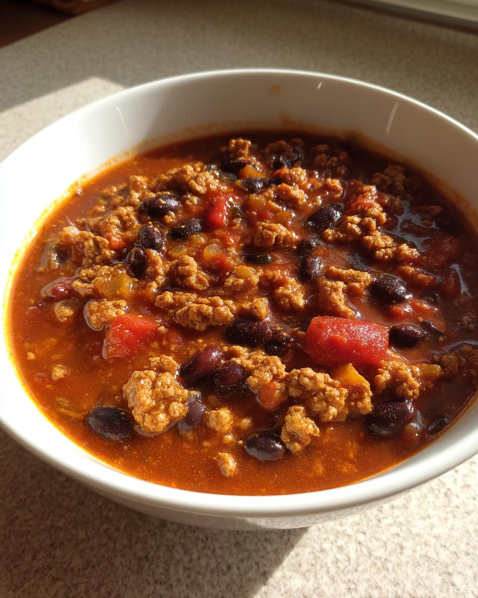 Close-up of a hearty bowl of high protein chili featuring ground meat, black beans, and a rich tomato base.
