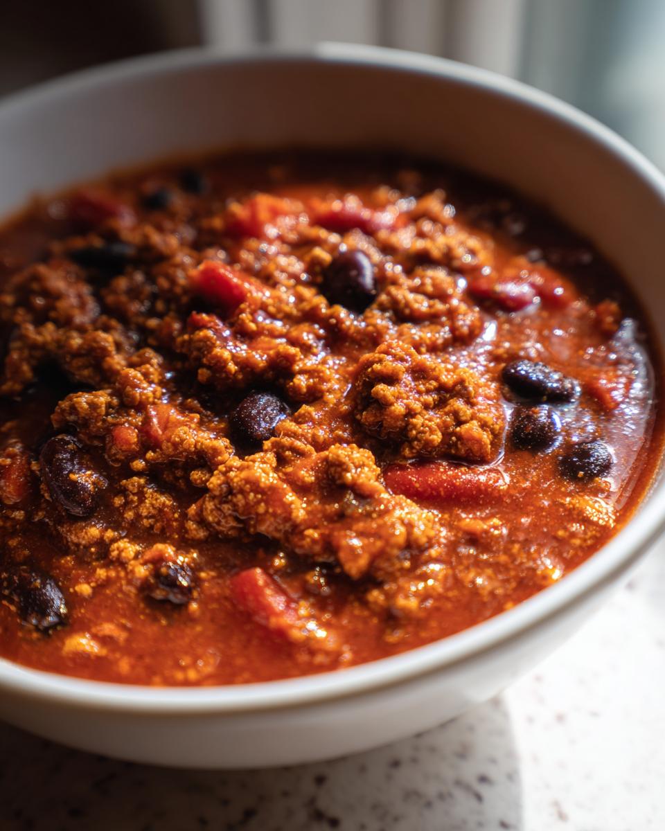 Close-up of a hearty bowl of rich, red high protein chili featuring ground meat and black beans.