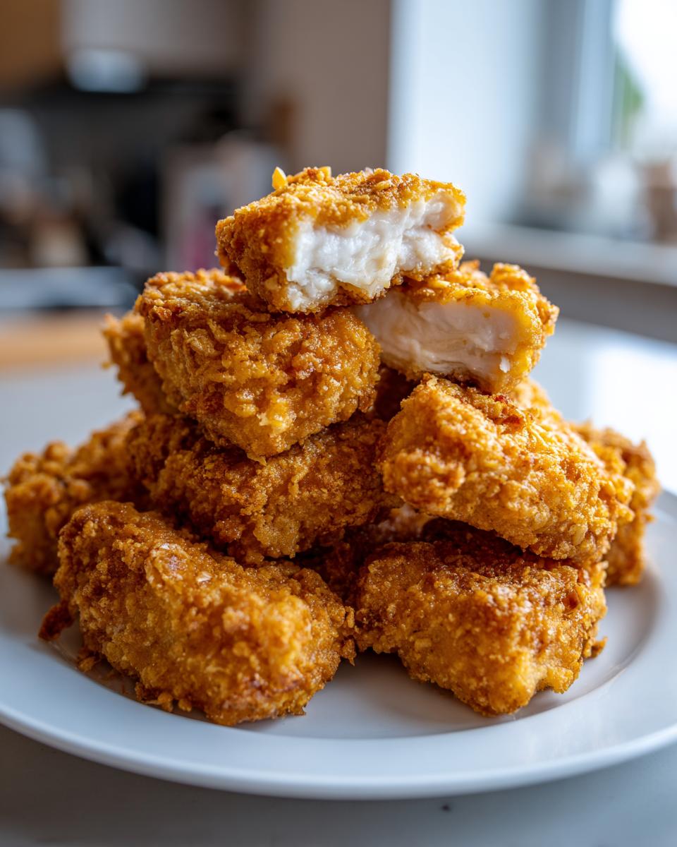 A close-up of a stack of crispy, golden homemade chicken nuggets, one broken open showing the white meat inside.