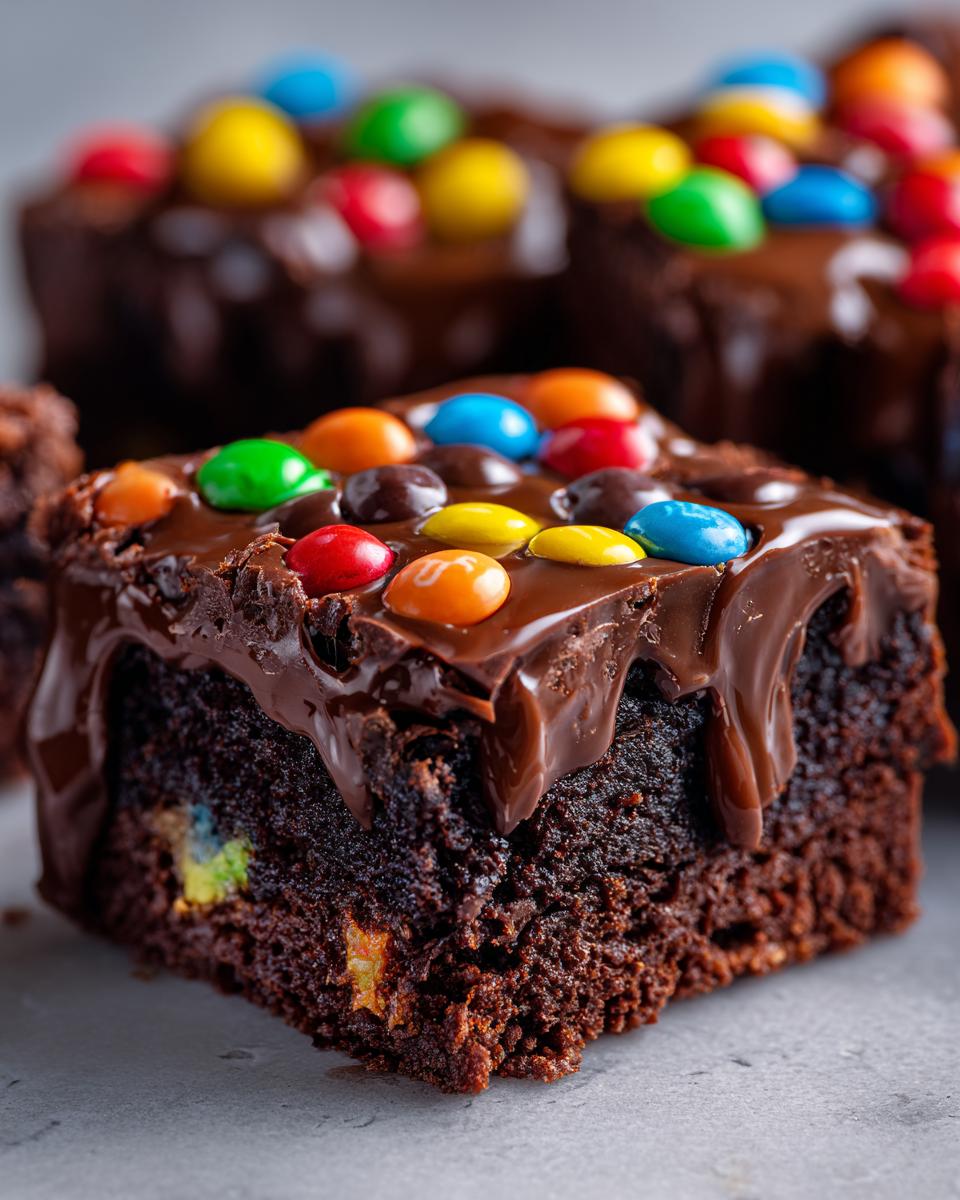 A rich, fudgy square of homemade cosmic brownies topped with thick chocolate ganache and colorful candy-coated chocolates.