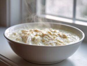 A close-up of a white bowl filled with steaming homemade cream of chicken soup, featuring shredded chicken.
