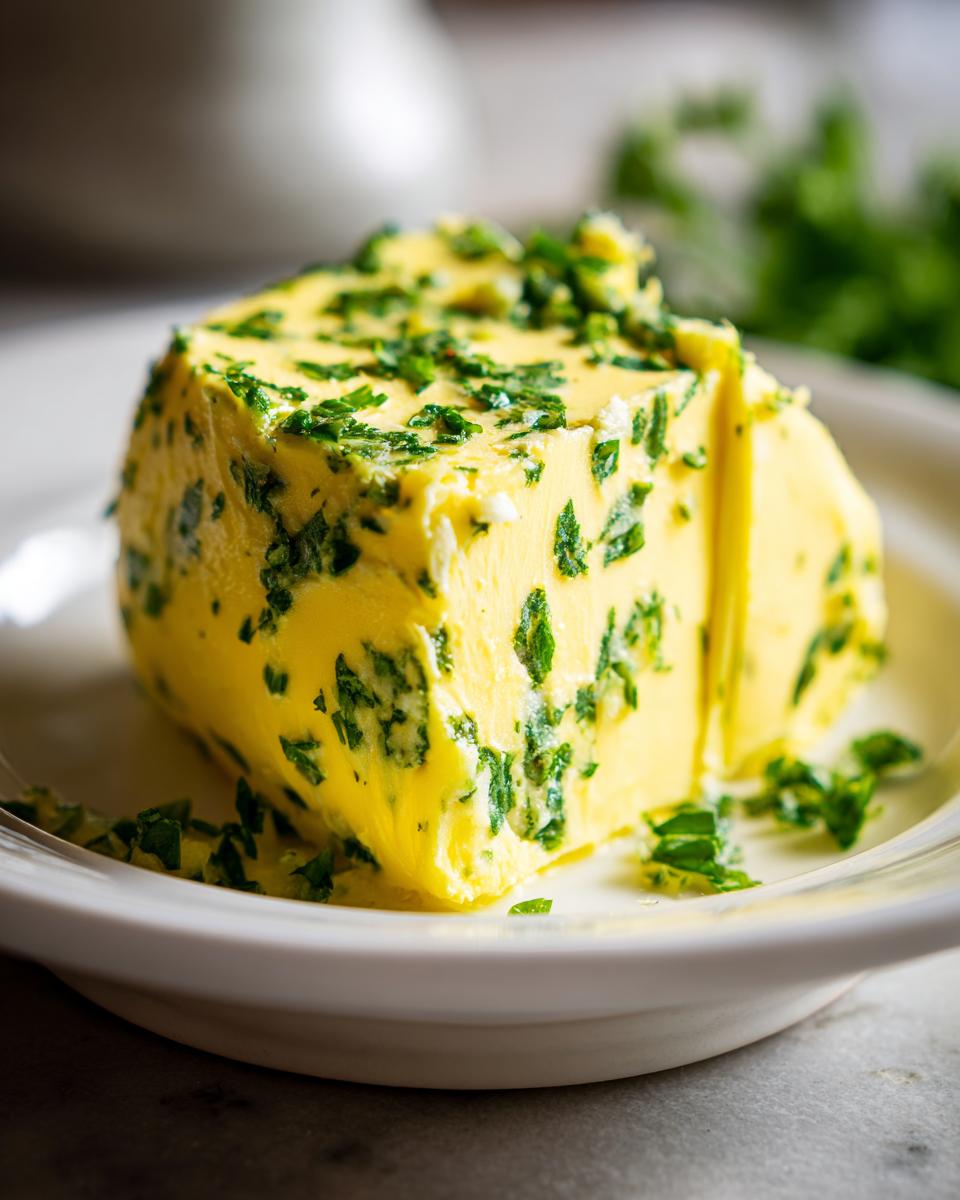 Close-up of a block of bright yellow garlic butter mixed with chopped green herbs, resting on a white plate.