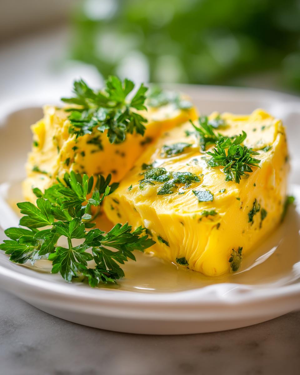 Two bright yellow blocks of homemade garlic butter, melting slightly and topped with fresh green parsley.