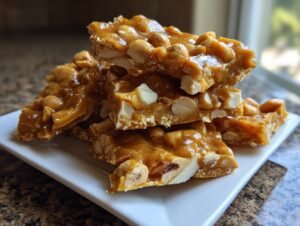 A stack of golden, crunchy pieces of homemade peanut brittle recipe served on a white rectangular plate.