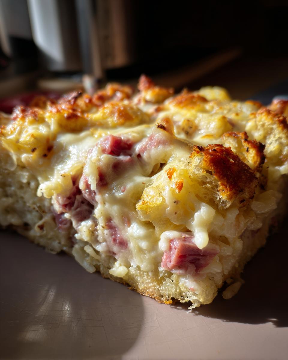 A close-up, cross-section view of a slice of homemade reuben bake, featuring melted cheese, corned beef chunks, and a bread base.