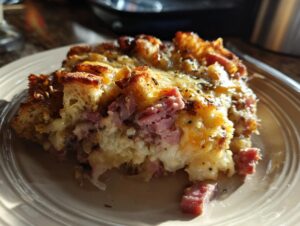 Close-up of a slice of homemade Reuben bake showing melted cheese, chunks of ham, and a crispy bread topping.