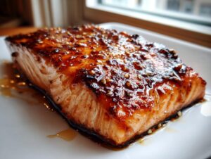 Close-up of a perfectly cooked honey garlic salmon recipe fillet with a shiny, caramelized glaze.