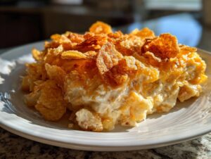 A scoop of creamy hot chicken salad topped generously with golden, crunchy cornflakes served on a white plate.