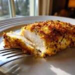 Close-up of a juicy baked ranch chicken breast, showing the crispy seasoned crust and white interior, with a fork taking a bite.