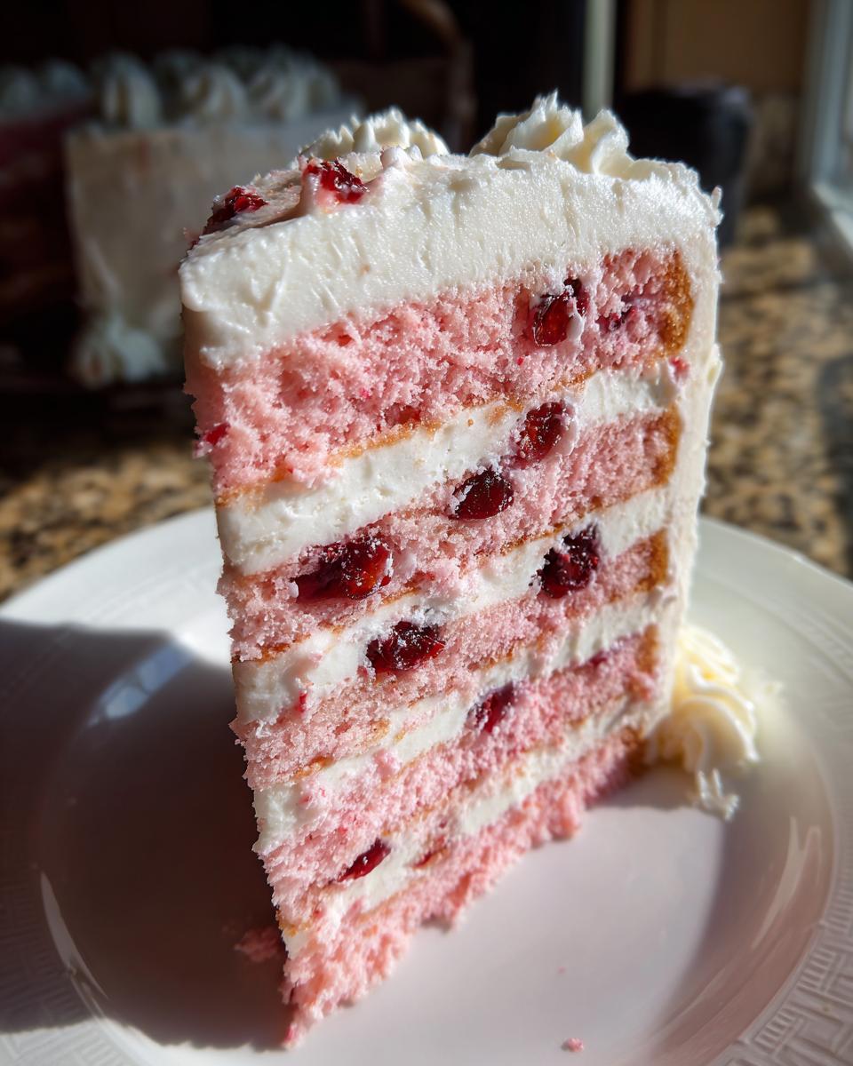 Close-up of a tall slice of moist pink layer Cherry cake filled with white frosting and visible red cherries.