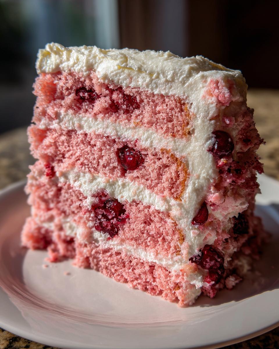 A tall, moist slice of pink layered Cherry cake with visible whole cherries and thick white frosting.