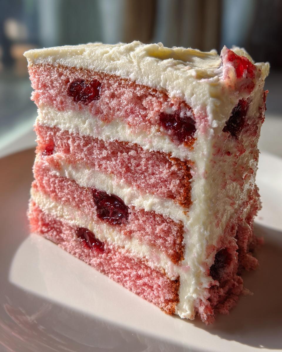 Close-up of a tall slice of pink layer Cherry cake with visible cherries and thick white cream cheese frosting.