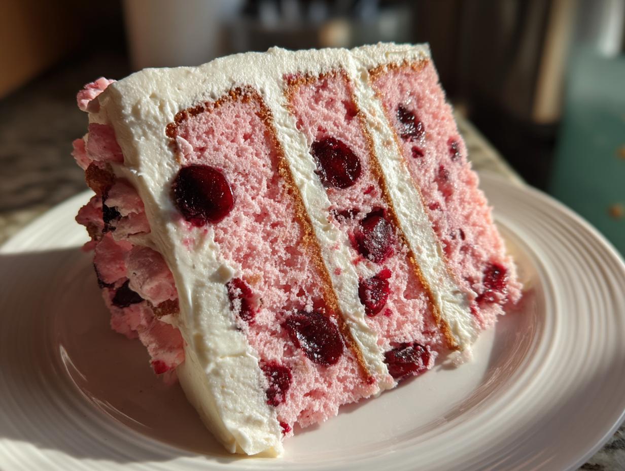 Close-up of a moist slice of pink cherry cake with visible whole cherries and thick white frosting layers.