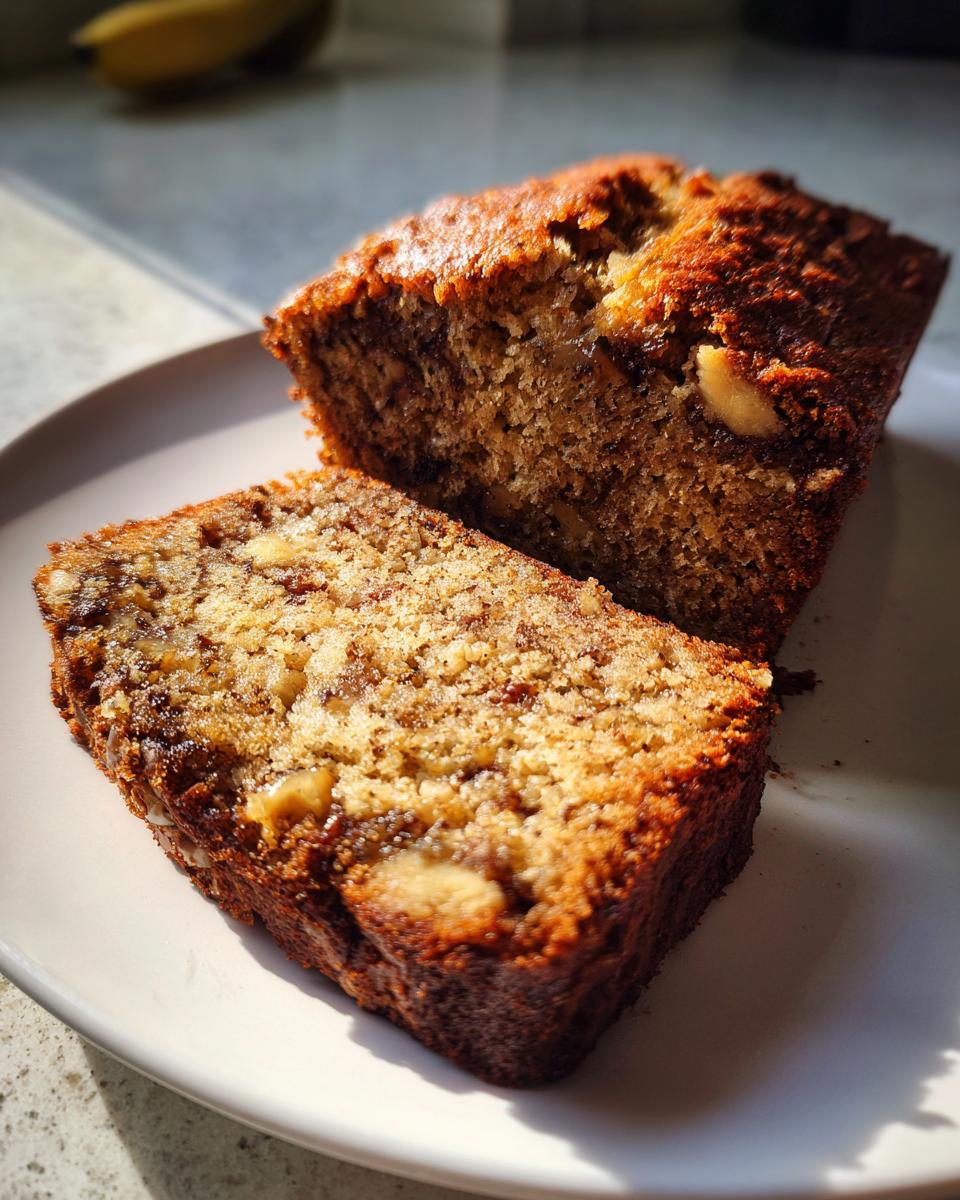 Close-up of a moist slice of greek yogurt banana bread showing the texture and nuts.