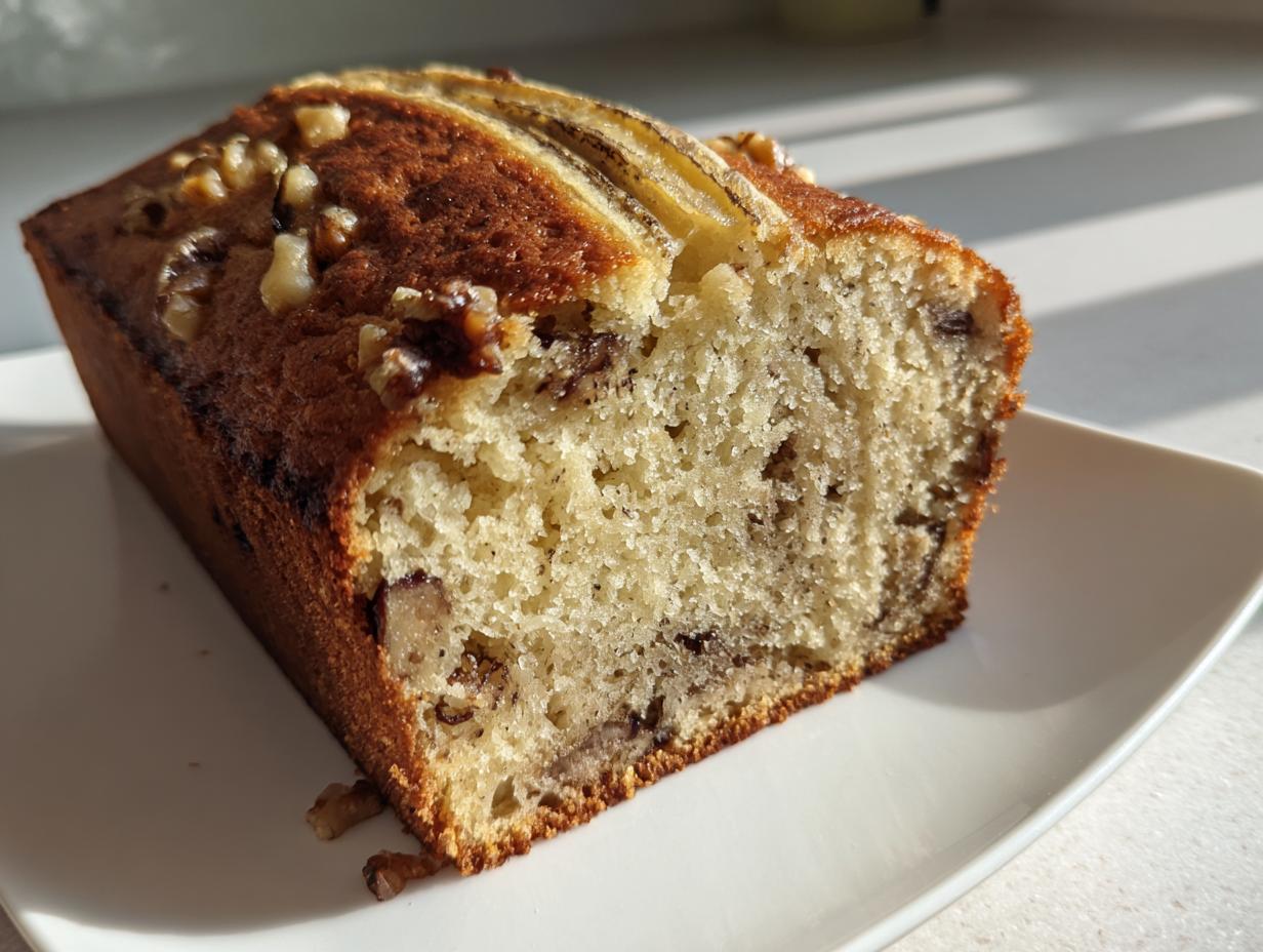 Close-up of a moist slice of greek yogurt banana bread topped with walnuts and banana slices.