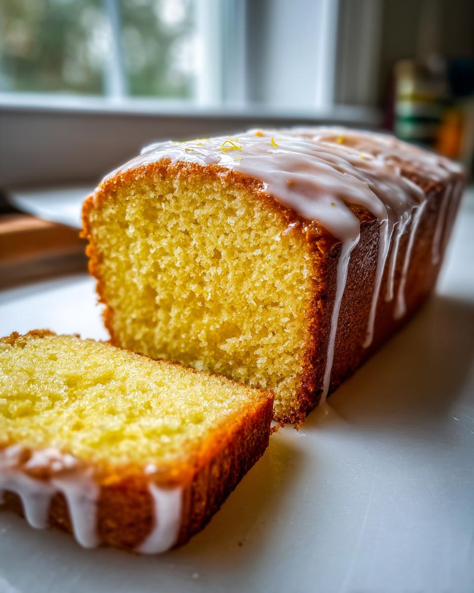 A moist slice of yellow olive oil cake next to the loaf, topped with a thick white lemon glaze and zest.