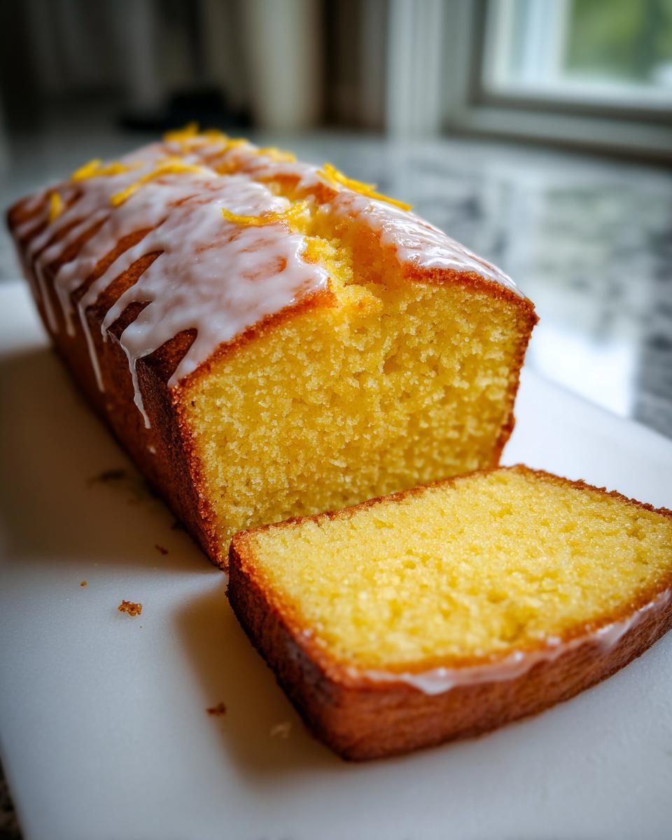 A sliced loaf of moist olive oil cake topped with white lemon glaze and orange zest.