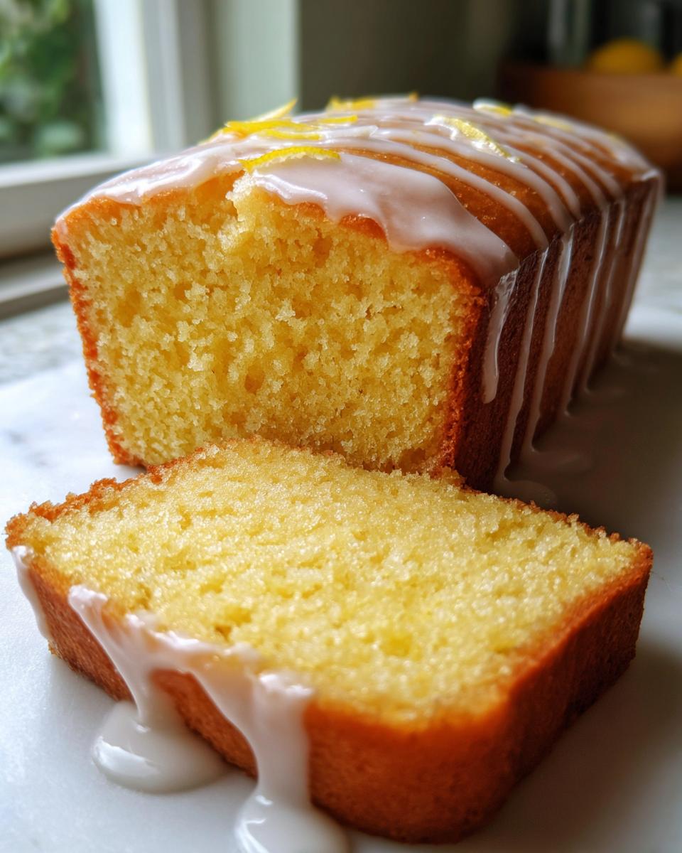 A moist, bright yellow olive oil cake loaf, partially sliced, drizzled with white lemon glaze and zest.
