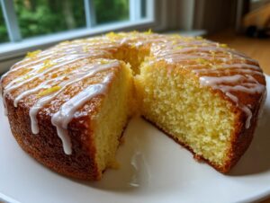 A moist, golden olive oil cake with a slice removed, topped with a white lemon glaze and zest.