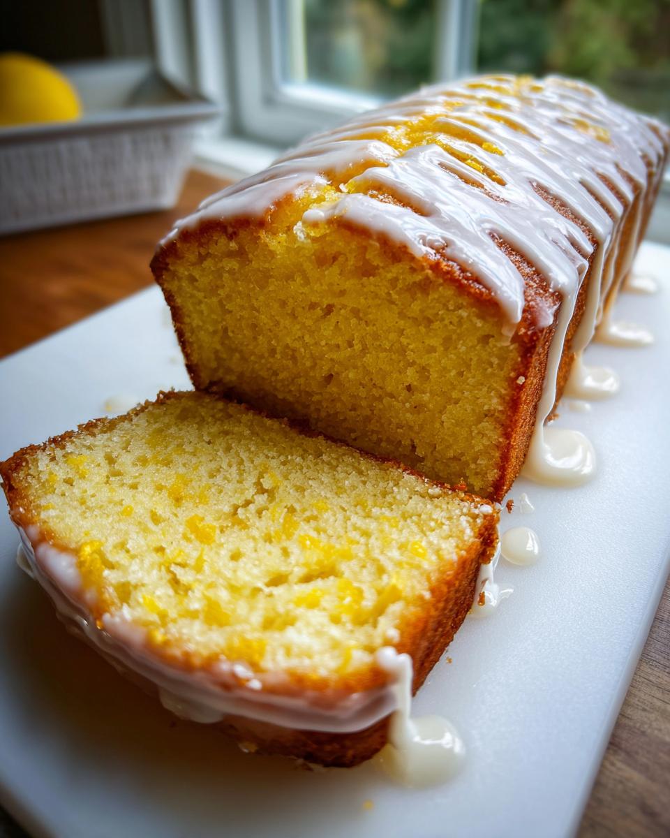 Close-up of a moist, bright yellow olive oil cake loaf, partially sliced and drizzled with white lemon glaze.