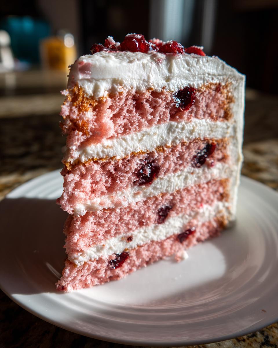 Close-up of a moist slice of pink cherry cake layered with white frosting and whole cherries.