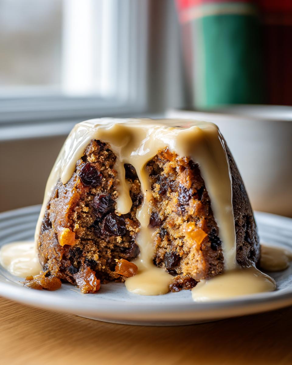 Close-up of a rich, dark plum pudding cut open, generously covered with flowing, creamy custard sauce.