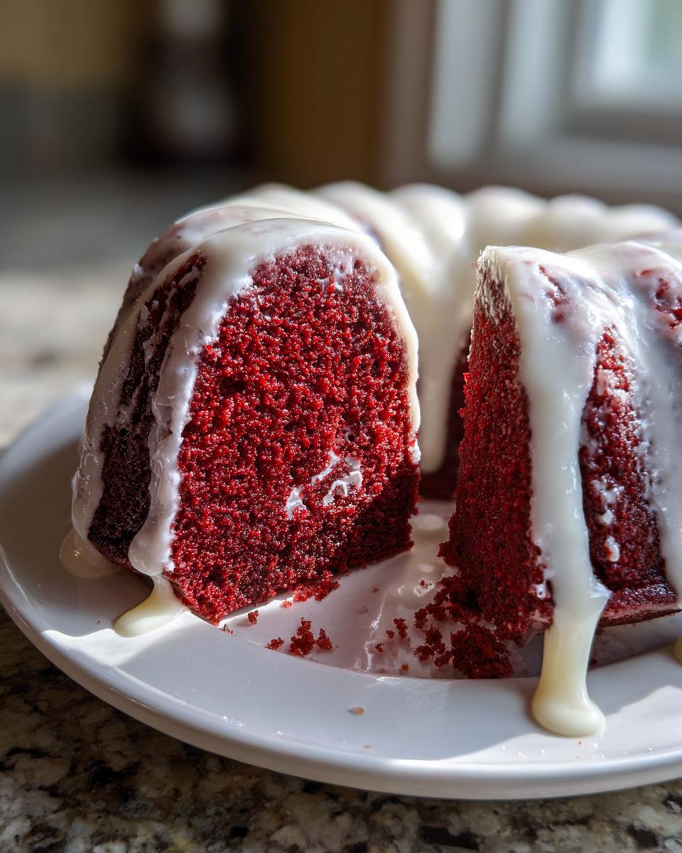 Close-up of a slice cut from a moist red velvet bundt cake drizzled heavily with white glaze.