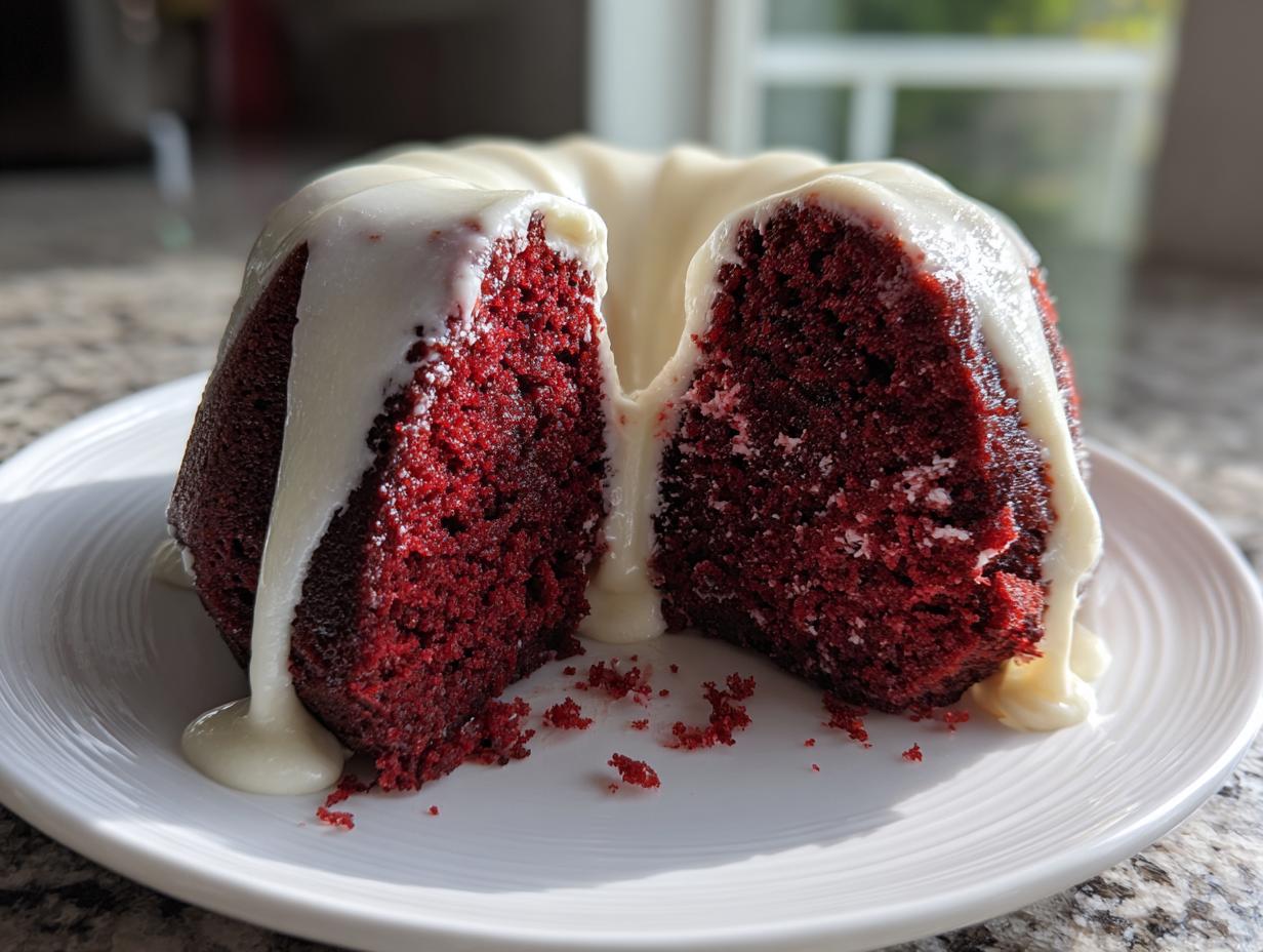 A moist red velvet bundt cake, cut in half to show the rich interior, covered in a thick white cream cheese glaze.
