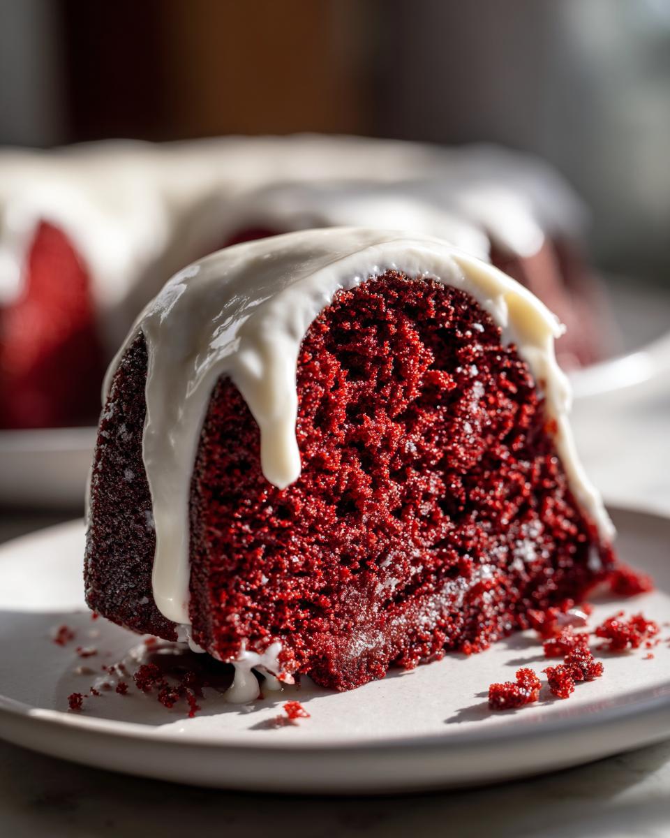 Close-up of a moist slice of red velvet bundt cake topped with dripping white cream cheese glaze.