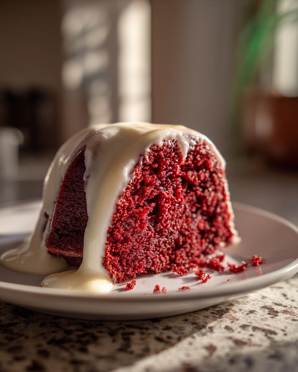 Close-up of a slice of moist red velvet bundt cake generously covered in white cream cheese glaze.