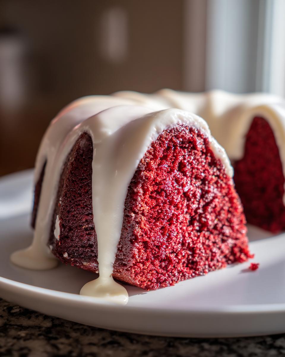 Close-up of a slice of rich, moist red velvet bundt cake topped with dripping white cream cheese glaze.