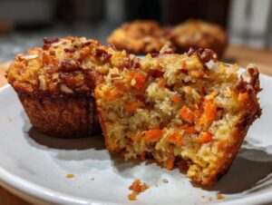 Close-up of a morning glory muffin cut in half, showing moist texture, shredded carrots, and a pecan topping.