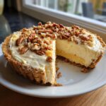 A creamy, no-bake million dollar pie with a graham cracker crust, topped generously with chopped pecans.