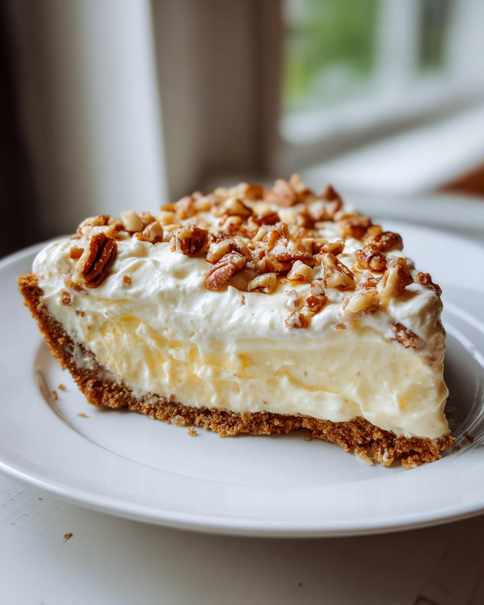 A thick slice of no-bake Million Dollar Pie showing a graham cracker crust, creamy filling, and topped with whipped cream and chopped pecans.