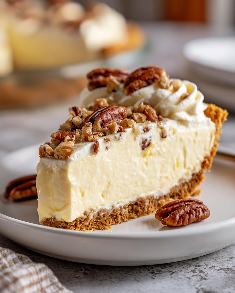 A decadent slice of no-bake Million Dollar Pie featuring a creamy filling, graham cracker crust, and topped with whipped cream and pecans.