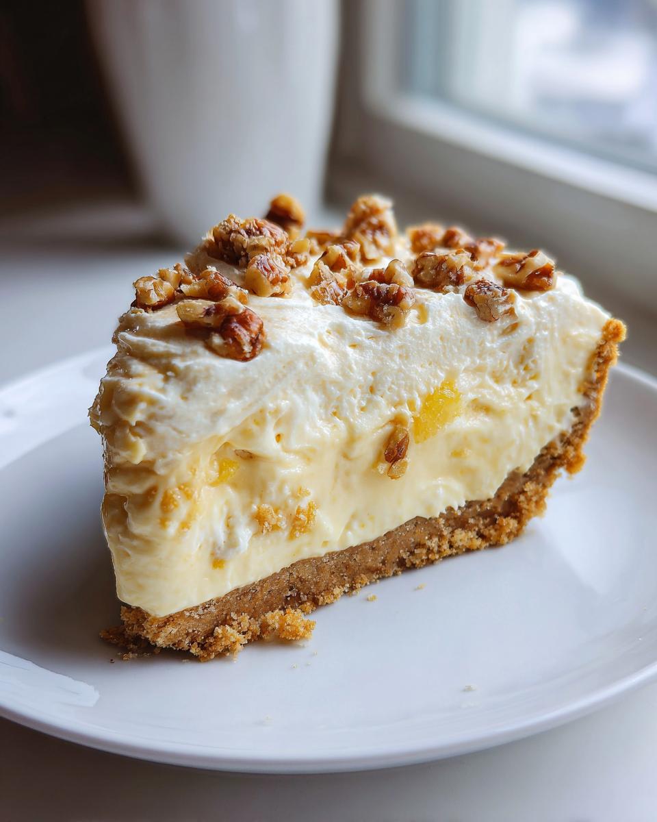 A close-up slice of creamy, no-bake Million Dollar Pie with a graham cracker crust and topped with whipped cream and chopped pecans.