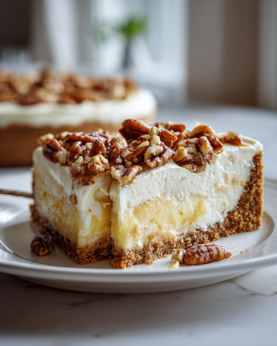 A thick slice of no-bake Million Dollar Pie featuring a graham cracker crust, creamy filling, and topped with toasted pecans.