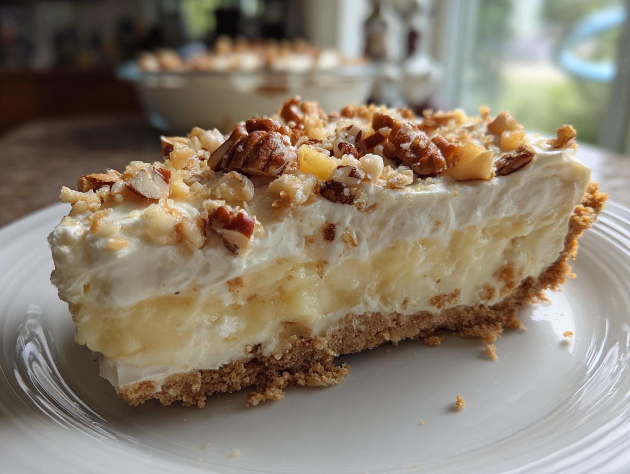 A thick slice of no-bake Million Dollar Pie showing a graham cracker crust, creamy filling, and nut topping.