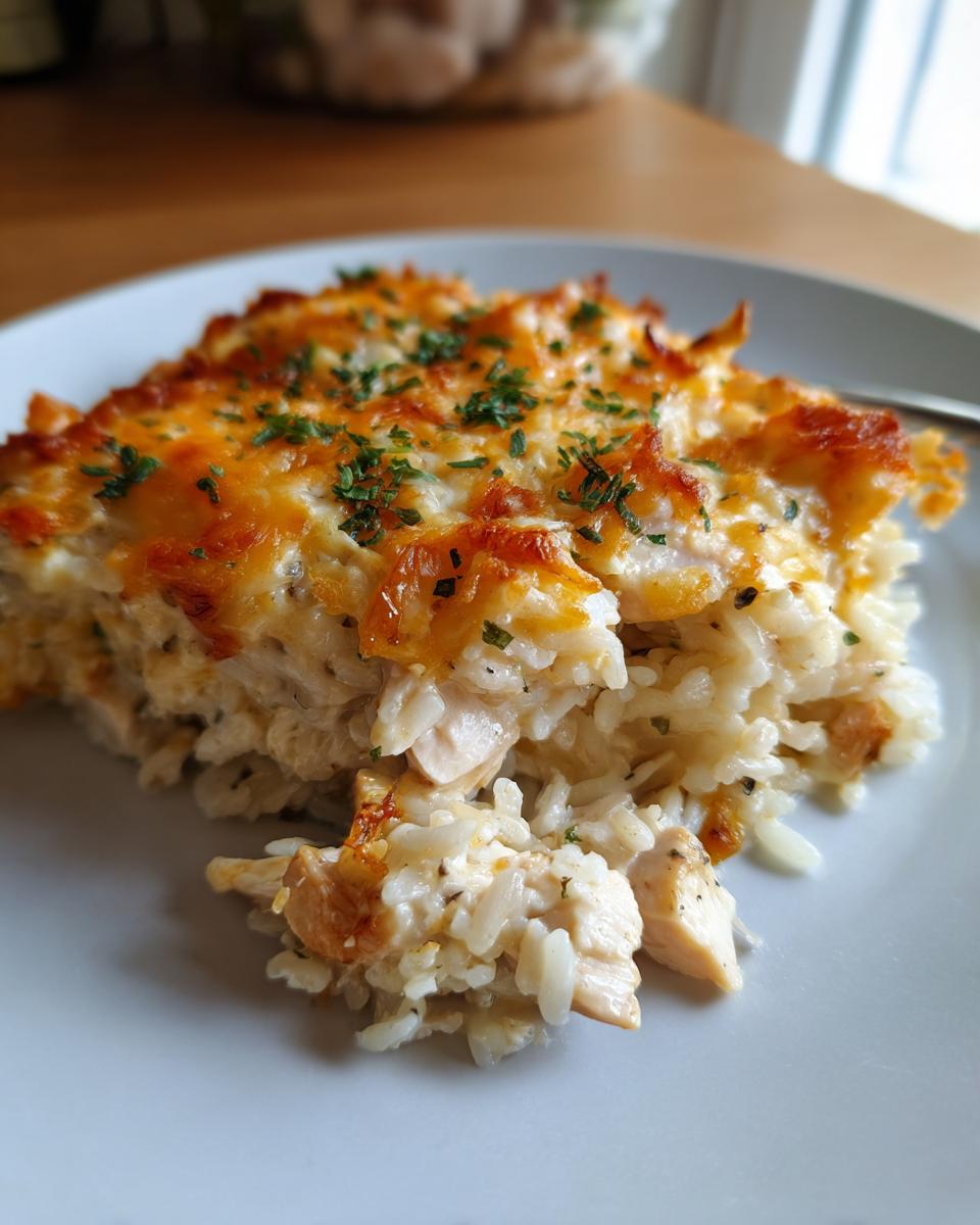 A close-up of a serving of baked chicken and rice casserole topped with melted cheddar cheese and parsley.
