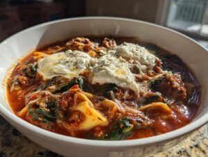Close-up of a steaming bowl of one pot lasagna soup topped with dollops of ricotta cheese and black pepper.