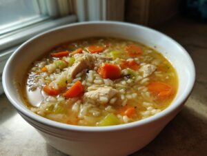 Close-up of a white bowl filled with comforting turkey soup featuring rice, chunks of turkey, carrots, and celery.